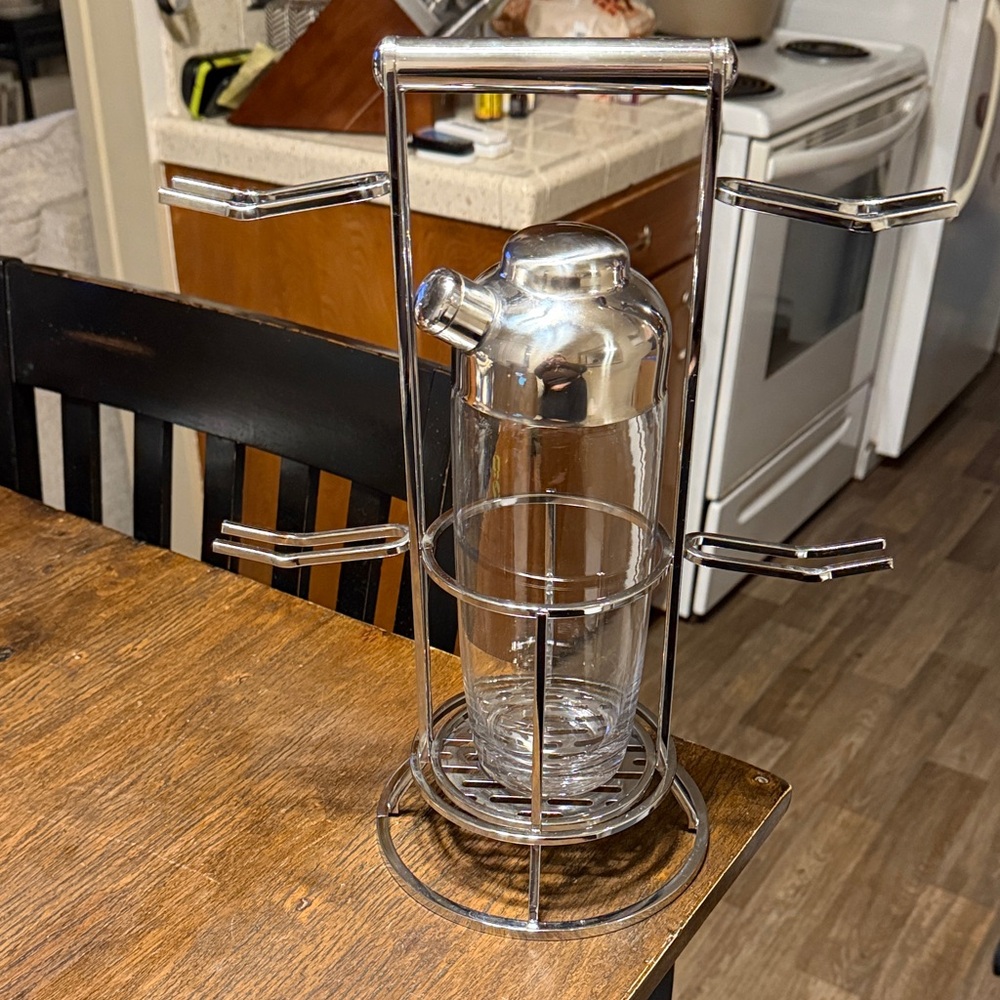 Chrome Cocktail Shaker with Stand and Glass